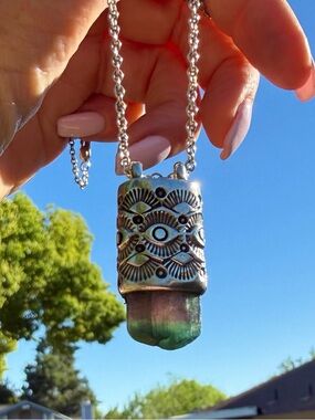 Numi Olive Bicolor Pink and Blue Tourmaline Sterling Silver Talisman